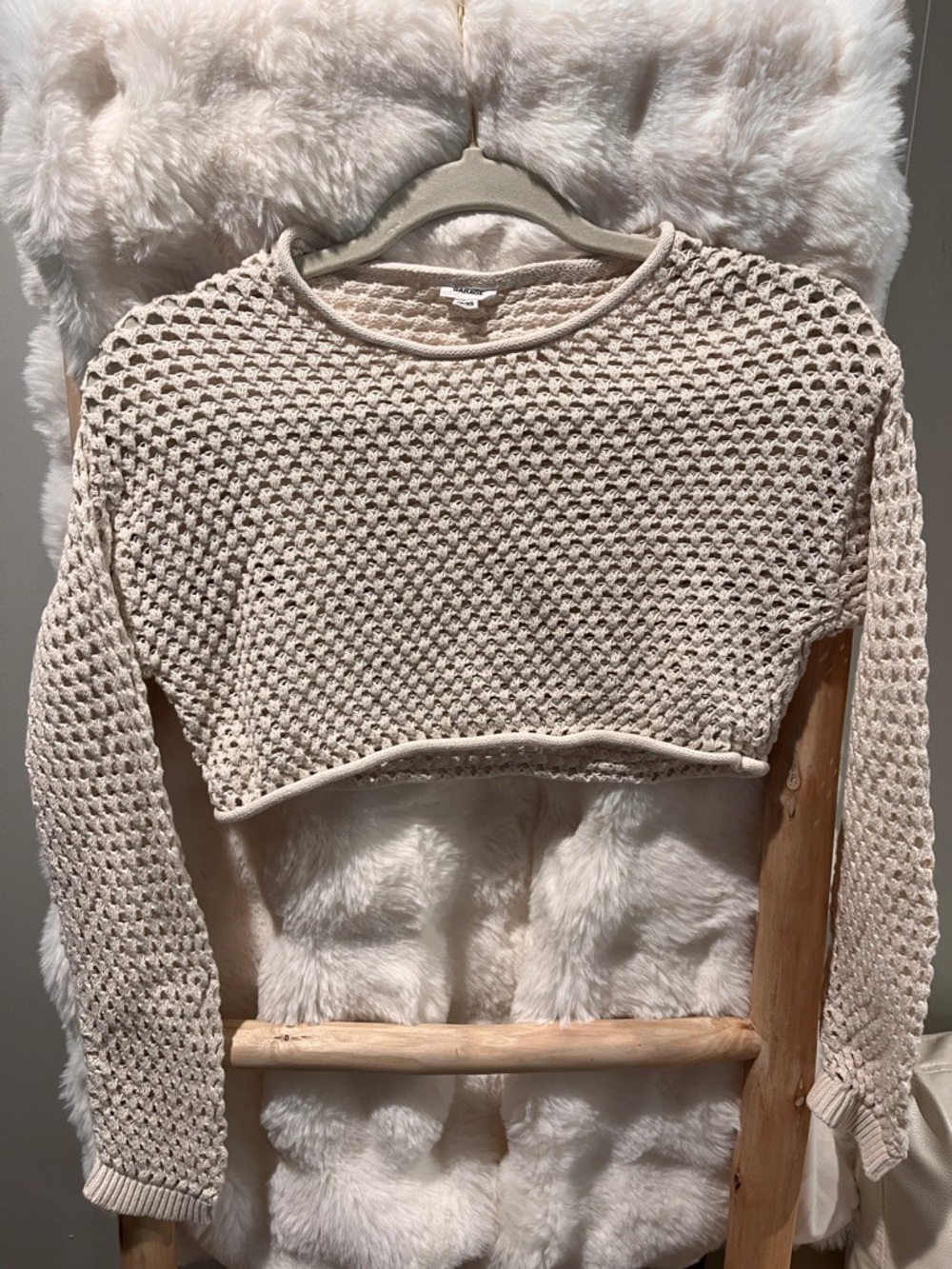 Garage Beige Crochet Long-Sleeve Crop Top